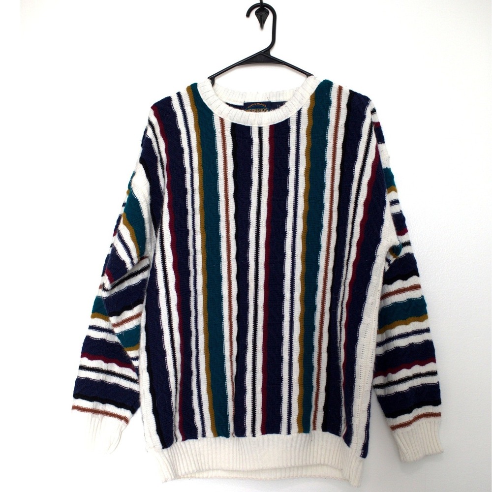 Vintage Weekends Mens Large Vertical Stripe Cable Knit Sweater Multi Color USA